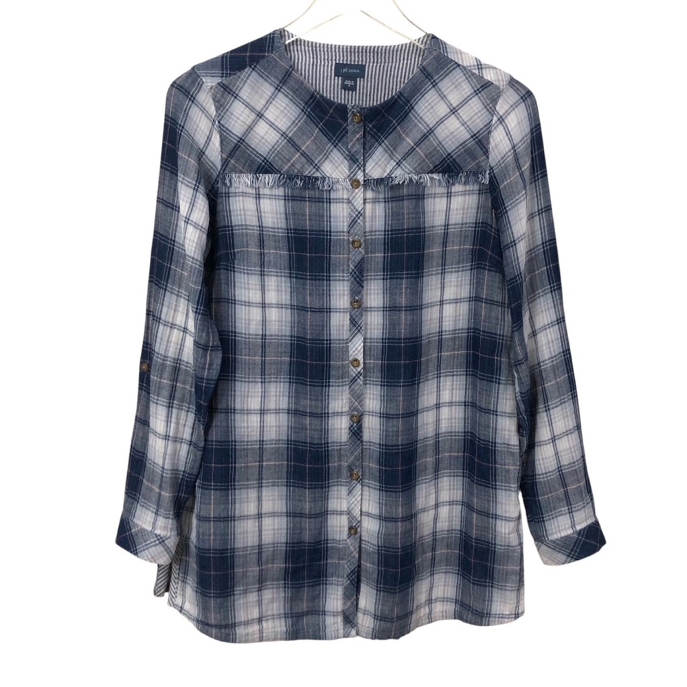 J. Jill | Gauze Blue White Plaid Long Sleeve Button Up Tunic Top